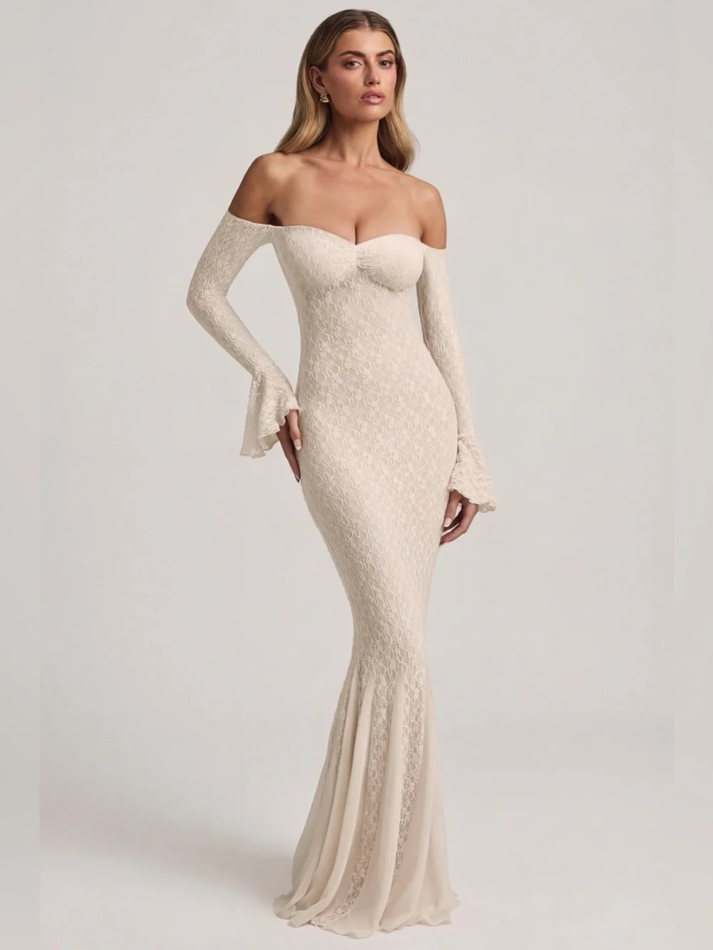 NEW Oh Polly Verena Ivory Off-Shoulder Ruffle Lace Mermaid Bodycon Maxi Dress XS - Picture 9 of 10